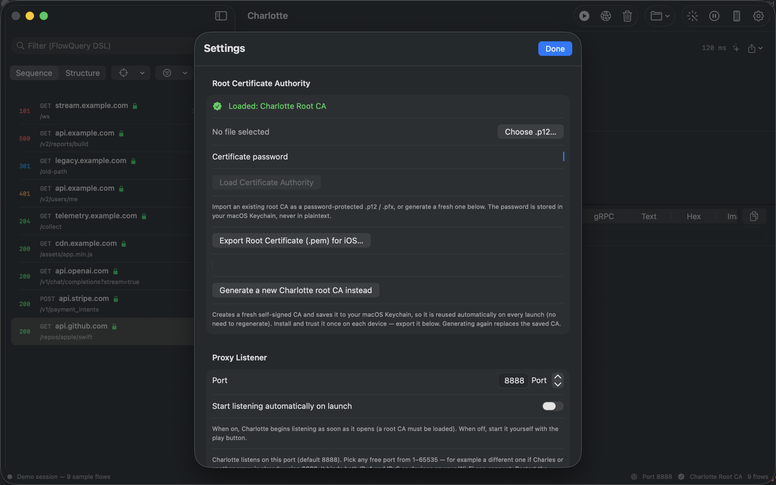 Charlotte settings — root CA and proxy