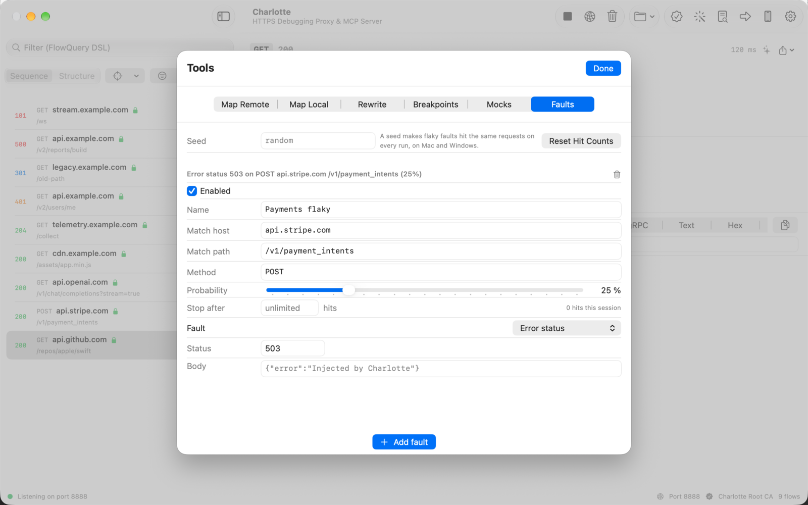 Charlotte configures repeatable fault injection for selected API requests